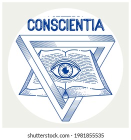 Secret knowledge vintage open book with all seeing eye of god in sacred geometry triangle, insight and enlightenment, masonry or illuminati symbol, vector logo or emblem design element.