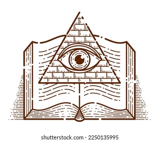 Secret knowledge vintage open book with all seeing eye of god in sacred geometry triangle, insight and enlightenment, masonry or illuminati symbol, vector logo or emblem design element.