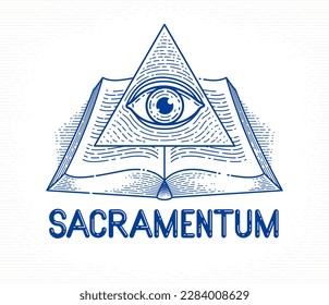 Geheimer Wissensvintage offenes Buch mit allen Augen des Gottes im sakralen Geometriedreieck, Einsicht und Aufklärung, Mauerwerk oder Leuchtsymbol, Vektorlogo oder Emblem Design Element.