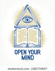 Secret knowledge vintage open book with all seeing eye of god in sacred geometry triangle, insight and enlightenment, masonry or illuminati symbol, vector logo or emblem design element.