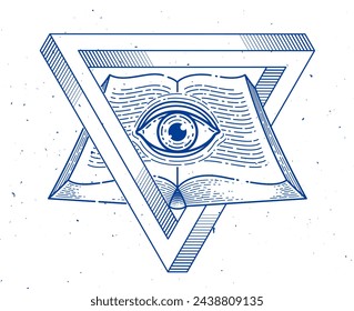 Libro abierto vintage del conocimiento secreto con todo el ojo que ve de dios en el triángulo de la geometría sagrada, la visión y la iluminación, la mampostería o el símbolo de Illuminati, el logotipo del vector o el elemento de diseño del emblema.