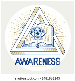 Secret knowledge vintage open book with all seeing eye of god in sacred geometry triangle, insight and enlightenment, masonry or illuminati symbol, vector logo or emblem design element.