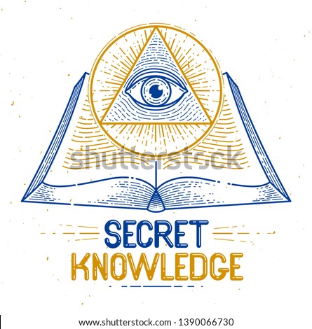 Secret knowledge vintage open book with all seeing eye of god in sacred geometry triangle, insight and enlightenment, masonry or illuminati symbol, vector logo or emblem design element.