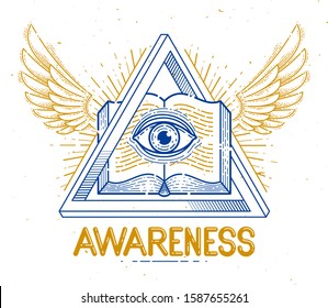 Secret knowledge vintage open winged book with all seeing eye of god in sacred geometry triangle, masonry or illuminati symbol, vector logo or emblem design element.