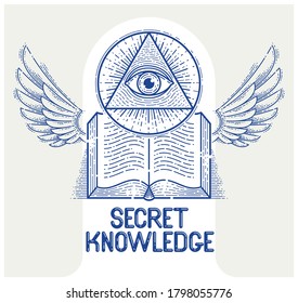 Secret knowledge vintage open winged book with all seeing eye of god in sacred geometry triangle, masonry or illuminati symbol, vector logo or emblem design element.