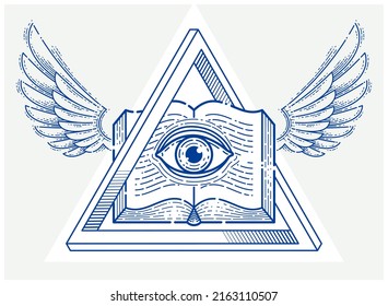 Secret knowledge vintage open winged book with all seeing eye of god in sacred geometry triangle, masonry or illuminati symbol, vector logo or emblem design element.