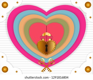 Secret Of Love With Colorful Heart And Golden Key Art - Vector