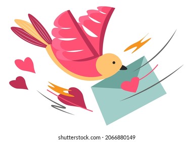 Secret love letter delivered by dove bird, isolated birdie with envelope sealed with heart sign. Saint valentines day romantic holiday celebration and sending greeting cards. Vector in flat style