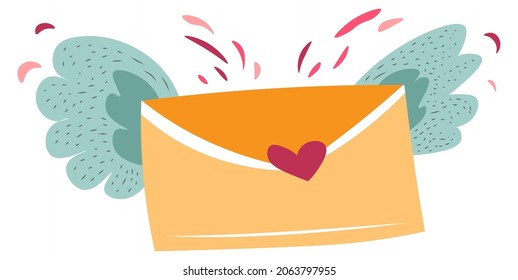 Carta de amor secreta selada com sinal de coração, envelope isolado com mensagem para a pessoa. Folhagem e decoração, comemoração de aniversário ou feriado, presentes de dia dos namorados. Vetor em estilo plano
