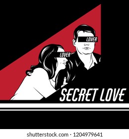 Secret love. Vector hand drawn realistic illustration of two lovers . Creative tattoo artwork. Template for card, poster, banner, print for t-shirt, pin, badge, patch.