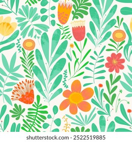 Secret and magical garden. Vector seamless pattern with bright flowers, spring summer fashion print and cute floral decor.