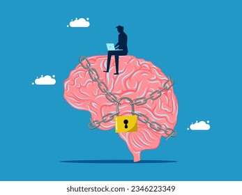 secret of the mind. Businessman and brain locked with padlock