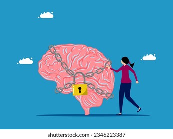 secret of the mind. woman and brain locked with padlock