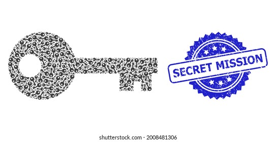 Secret Mission corroded stamp seal and vector recursive mosaic key. Blue stamp seal includes Secret Mission title inside rosette. Vector mosaic is created with repeating rotated key pictograms.