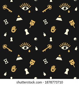 Secret mystic signs seamless pattern. Flat seamless pattern with pyramid, all seeing eye, hand, masquerade mask and hourglass on dark background