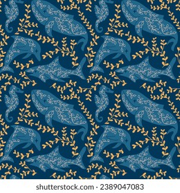 Secret mystical flat pattern with sea creatures and seaweeds. Hand drawn flat sea animals on dark background. Dark theme. Good for background, wrapping, textile, background. 3D Illustration