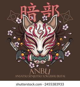 Secret Ninja Mask Biting a Ninja Scroll With a Kunai by Its Side Vector Illustration. Translation on top title text "Dark Division"