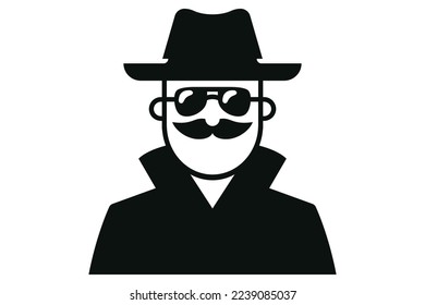 secret observer in a raincoat and hat. spy icon in dark glasses. flat vector illustration.