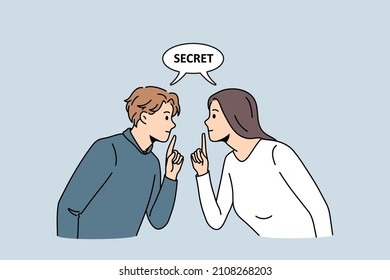 Secret privacy and silence concept. Young woman and man looking at each other showing silent gesture with fingers with secret lettering above vector illustration 