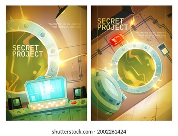 Secret Project Poster With Control Panel Room In Nuclear Power Plant With Open Door To Reactor. Vector Flyers For Quest Game With Cartoon Interior Of Bunker Or Laboratory With Radiation Green Glow