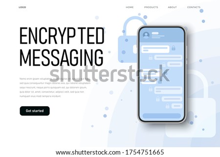 Secret protected chat illsutration with lock icon on encrypted messages. Landing page template