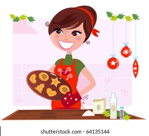 Secret recipe: Woman preparing christmas cookies. Vector Illustration