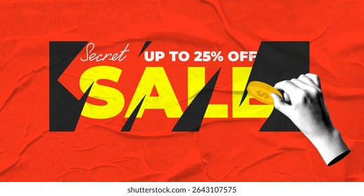 Secret sale banner. Halftone hand rubs scratch code on discount voucher with coin. Scratch card game. Win discounts. Hand scratches coupon. Lottery. Crumpled pasted background. Modern collage