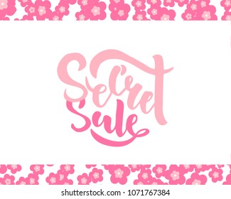 Secret Sale offer poster banner vector illustration. Text with handwritten lettering for ad, promo, web design. Bright sketch.