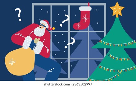 Secret Santa with bag of gifts sneaks in dark to Christmas tree flat style, vector illustration. Decorative design for postcards, question marks, holiday and celebration