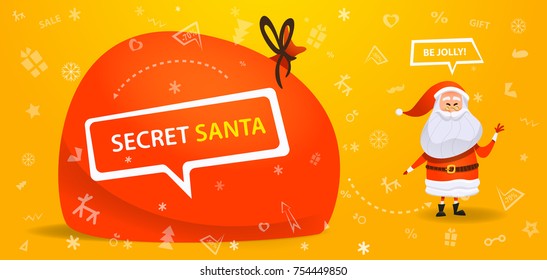 Secret santa banner. Secret Santa with a bag of gifts. 