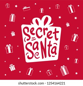 Secret Santa banner or card design with white gift icons on red background. - Vector illustration
