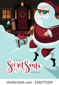 Secret Santa banner design with Cartoon Santa Claus delivering gifts in front of a house decorated for Christmas. Eps10 vector illustration.