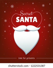 Secret Santa banner design with white beard and snowflakes on red background. Time for presents. - Vector illustration