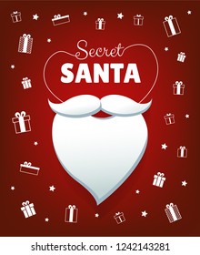 Secret Santa Banner Design With White Beard And Gifts On Red Background. Anonymous Gift Exchange For Christmas