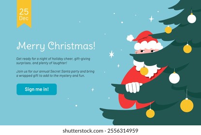 Secret Santa charming Christmas visual for web. Santa peeks mischievously from behind a festive Christmas tree decorated with baubles. Vector illustration