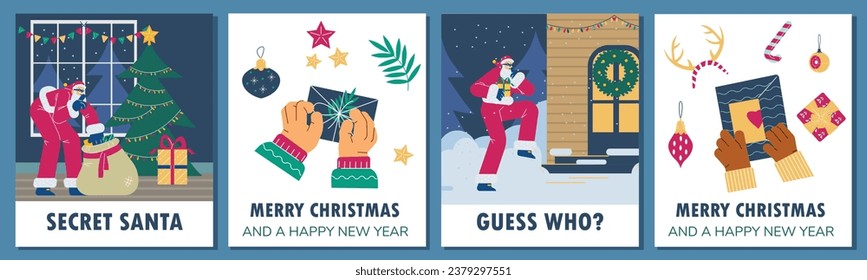 Secret Santa and Christmas greeting cards set, flat vector illustration. Funny Santa Claus sneaking with gifts. Hands packing and unwrapping present boxes. Winter holiday celebration.