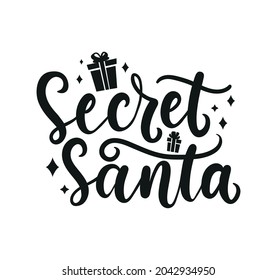 Secret Santa Christmas lettering with doodles isolated on white background. Holiday hand drawn design for greeting card, print, banner, textile etc. Flat style vector illustration