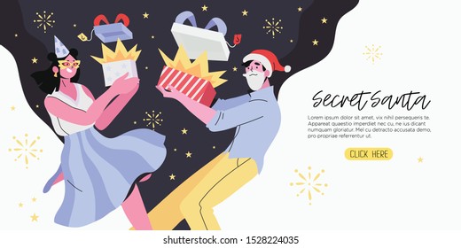 Secret Santa And Christmas Or New Year Banner, Flyer, Landing Page With People Receive Presents Or Open Gift Boxes From Unknown Senders. People Celebrating Cristmas With Friends Or Colleagues At Work.