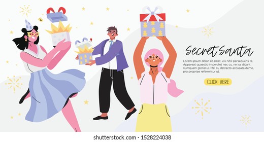 Secret Santa And Christmas Or New Year Banner, Flyer, Landing Page With People Receive Presents Or Open Gift Boxes From Unknown Senders. People Celebrating Cristmas With Friends Or Colleagues At Work.