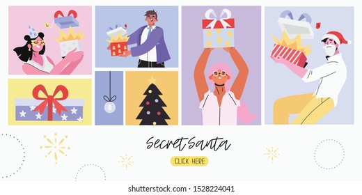 Secret Santa And Christmas Or New Year Banner, Flyer, Landing Page With People Receive Presents Or Open Gift Boxes From Unknown Senders. People In Costumes, Gift Box And Fir-tree In Square Frames.