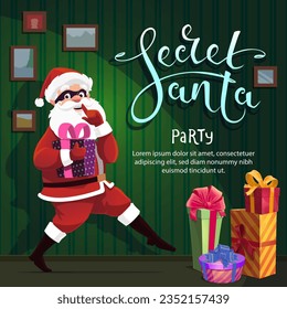 Secret Santa for Christmas party banner with cartoon funny Santa and gift box, vector background. Christmas winter holiday party flyer or greeting card with Santa in mask at night house with gifts