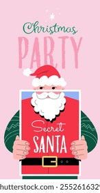 Secret Santa Christmas party vector template. Modern festive illustration for banner, story, invitation design. Man hiding behind Santa Claus poster