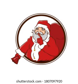 Secret Santa Claus badge hold big sack with gifts vector illustration. Cartoon Santa in pop art style show finger shh. Christmas and New Year Invitation isolated on white background.