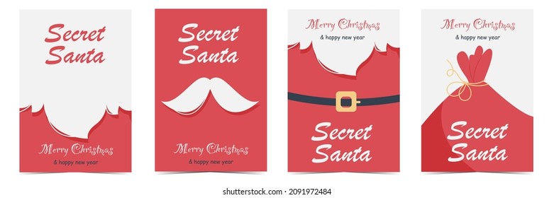 Secret Santa Claus cards set. Merry Christmas and Happy New Year banner template or invitation with white beard and moustache, red Santa suit and bag with gifts. Flat vector illustration.