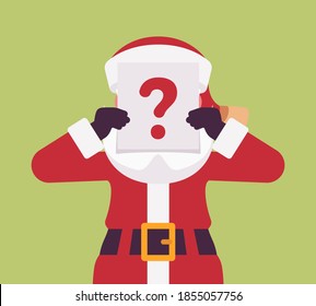 Secret Santa Claus hidden behind question board. Anonymous Father Christmas bringing, sharing traditional new year gifts, unknown mysterious volunteer giver. Vector flat style cartoon illustration