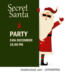 Secret Santa Claus invitation background standing behind a blank sign, showing on big blank sign. Cartoon Santa Claus character holding a placard with white copy space. Santa clause party. vector.