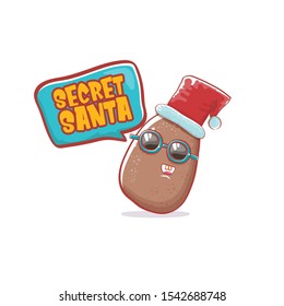 Secret santa claus label with funky brown cute little kawaii santa claus potato cartoon characters with red santa hat isolated on white background. Secret santa party label or logo