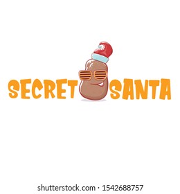 Secret santa claus label with funky brown cute little kawaii santa claus potato cartoon characters with red santa hat isolated on white background. Secret santa party label or logo