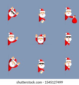 Secret santa claus peeking out corner surrender cartoon characters flat set isolated design vector illustration