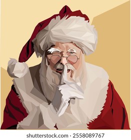 Secret Santa Claus vector illustration. Santa in faceting art style showing shh finger. Christmas and New Year invitations isolated